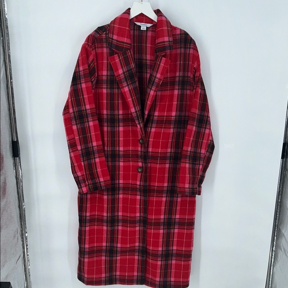 Old Navy Women’s Long Coat Red Tartan Plaid Oversized Soft Brushed Duster~L - Picture 3 of 11